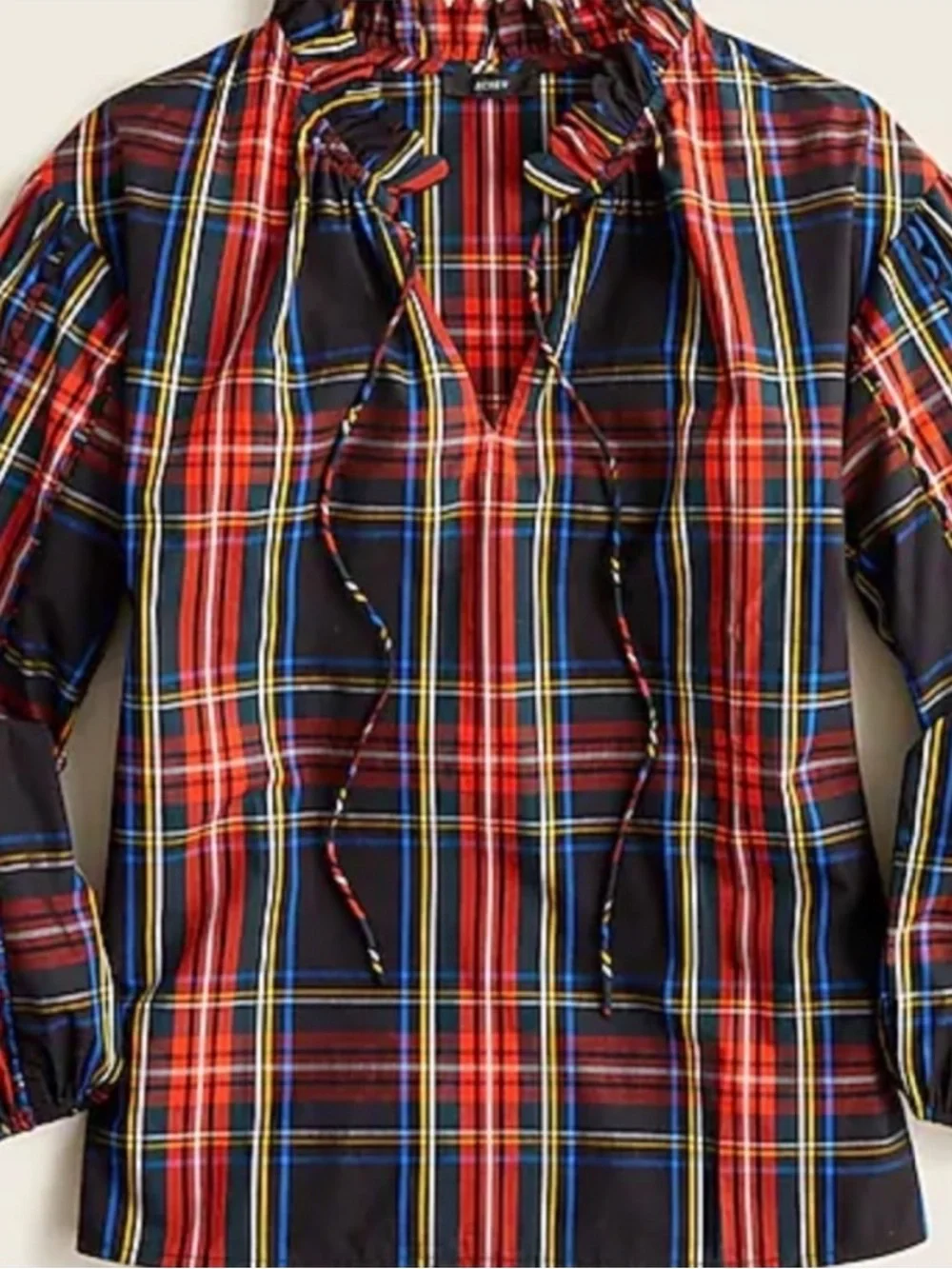 J.Crew Stewart Tartan Plaid Tie Neck Ruffle Blouse Top XS